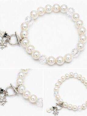 Faux Pearl & Crystal Bead Bracelet Silver Snowflake Charm